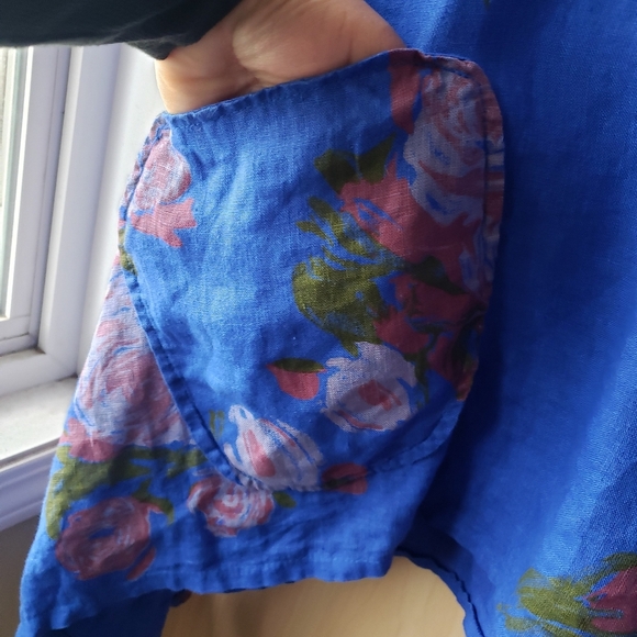 100% Linen In Floral Blue Hooded Tunic Pockets - Picture 5 of 8